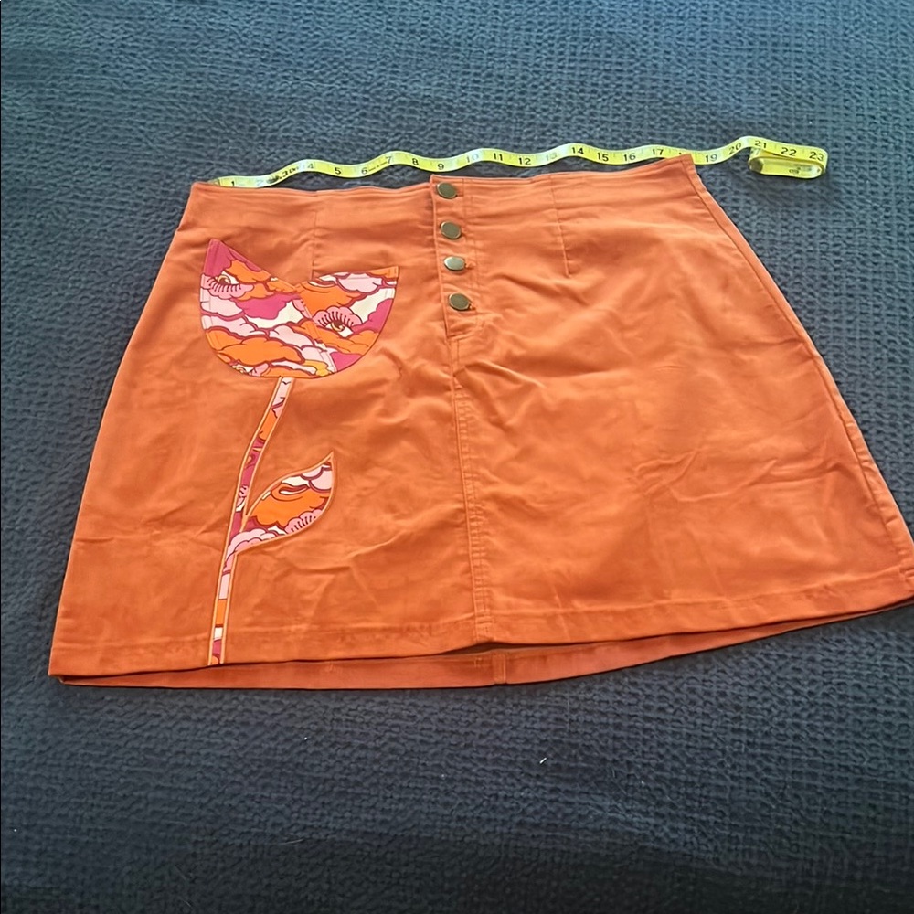 Orange Button-Up Skirt with Floral Design